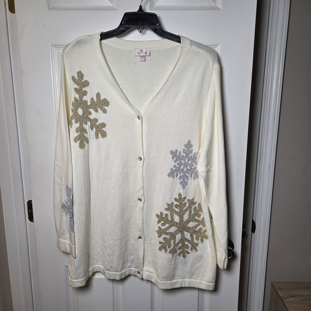 Quacker Factory sz 2X ivory metallic snowflake button up sweater festive cozy